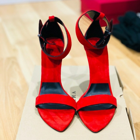 Zara Red Suede Ankle Srap Heels - Picture 2 of 5